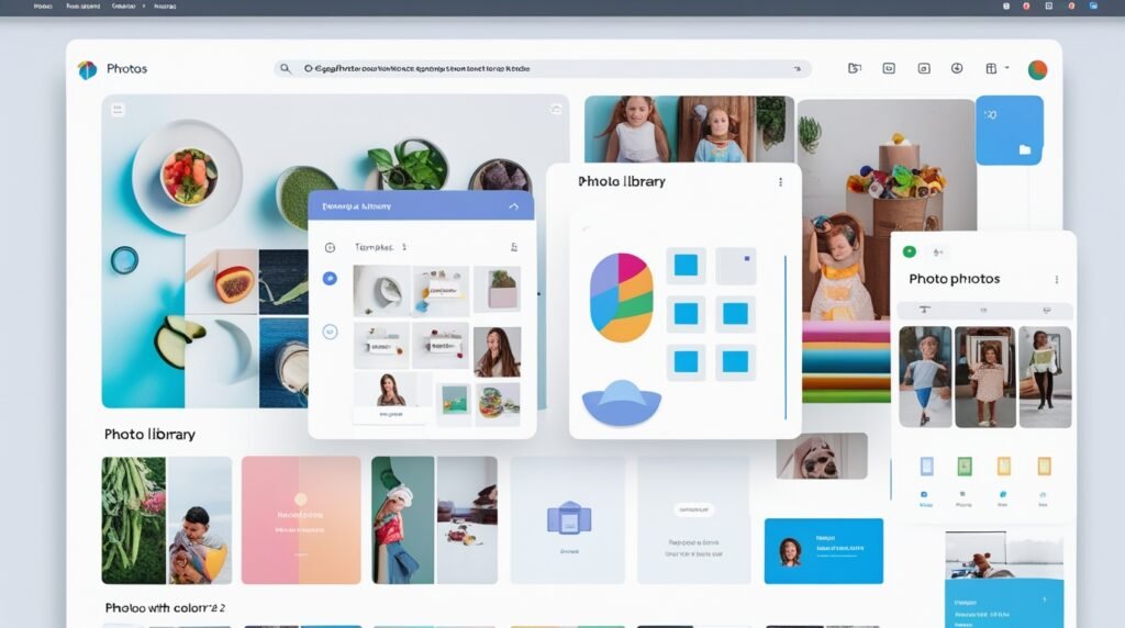 Interface minimalista do Google Fotos com recursos escondidos brilhando nas letras na íntegra, biblioteca uma mostrando de fotos organizada