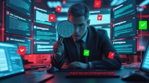 Um detetive digital examinando análises falsas de jogos em várias telas