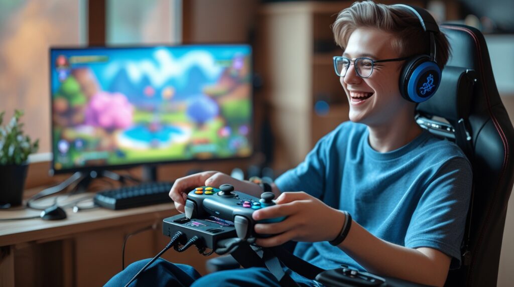 Jogador com deficiência usando controle adaptado,