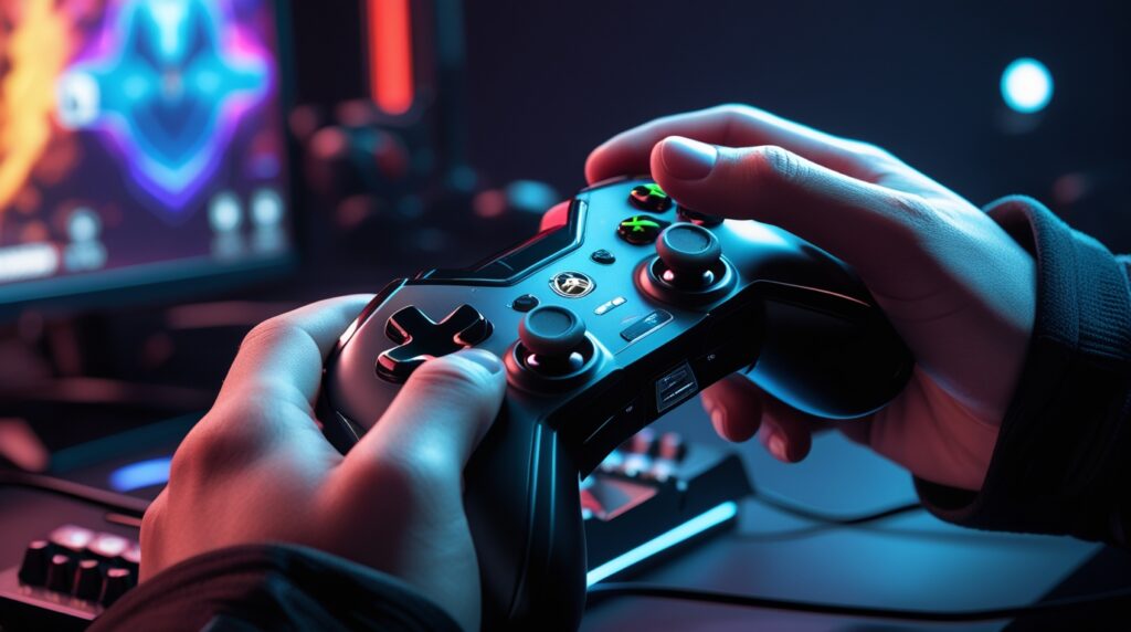 Mãos de jogador segurando o controle durante uma sessão intensa de jogo